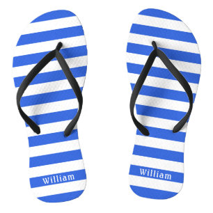 Navy Blue White Cabana Stripes Personalized Beach Flip Flops