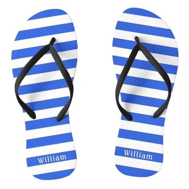 Navy Blue White Cabana Stripes Personalized Beach Flip Flops (Footbed)