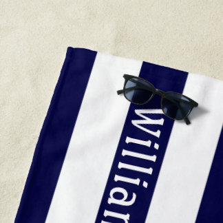 Navy Blue White | Cabana Stripes Personalized Beach Towel