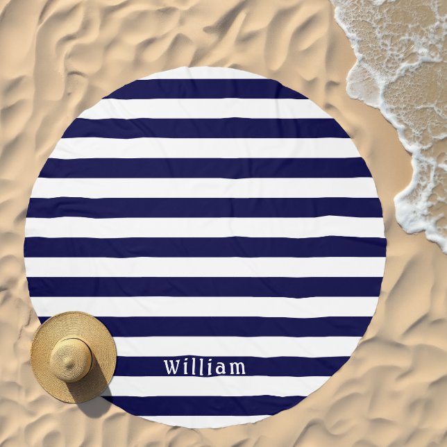 Navy Blue White | Cabana Stripes Personalized Beach Towel (Beach)