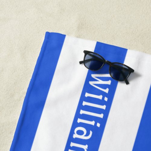Navy Blue White  Cabana Stripes Personalized Beach Towel