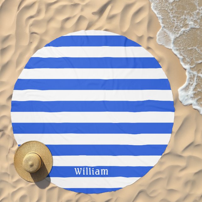 Navy Blue White | Cabana Stripes Personalized Beach Towel (Beach)
