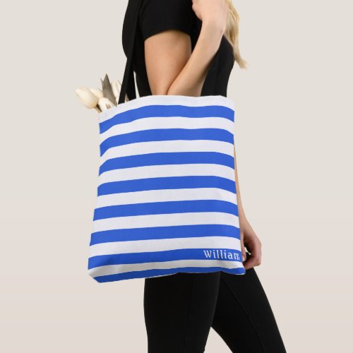 Navy Blue White  Cabana Stripes Personalized Tote Bag