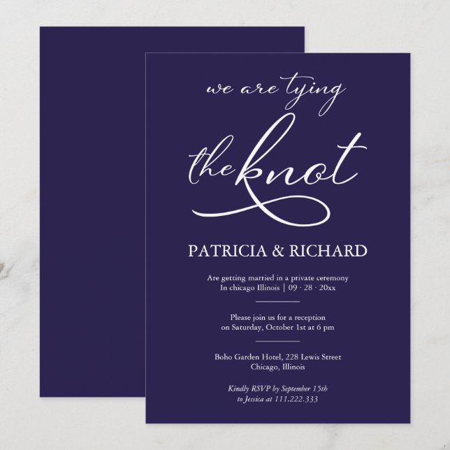 Navy Blue White Calligraphy Elopement Wedding Invitation (Front/Back)