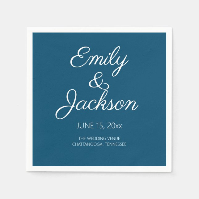 Navy Blue White Calligraphy Script Wedding Napkins (Front)