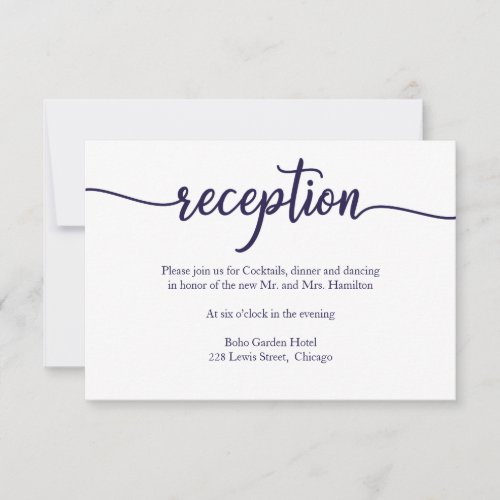 Navy Blue White Calligraphy Wedding Reception Card