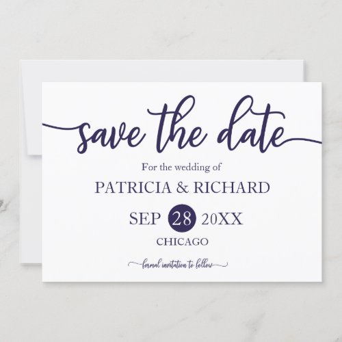 Navy Blue White Calligraphy Wedding Save The Date Invitation