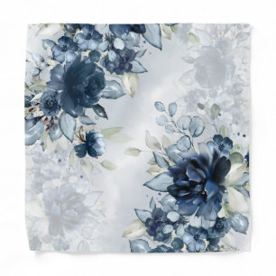 Navy Blue White Cascading Peonies Pocket Square Bandana