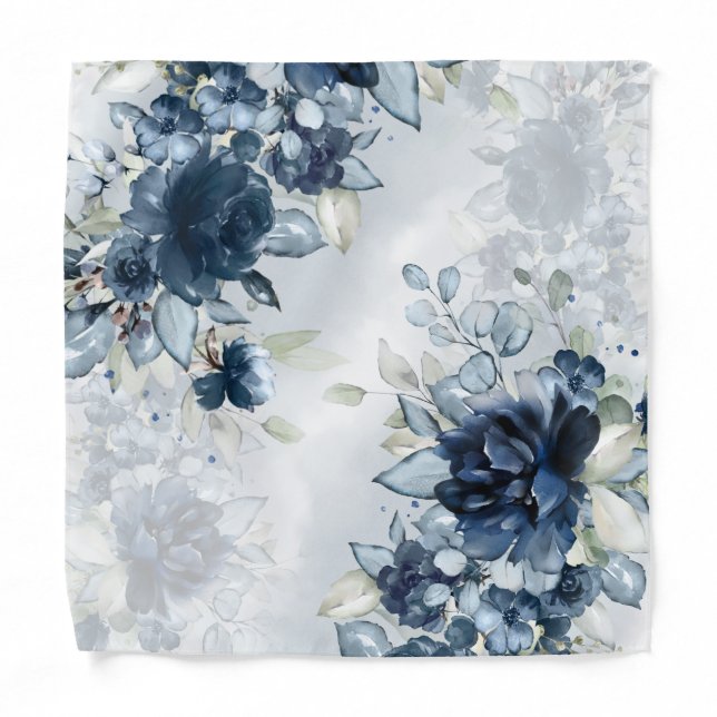 Navy Blue White Cascading Peonies Pocket Square Bandana (Front)