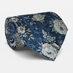 Navy Blue White Cascading Peonies Wedding Neck Tie