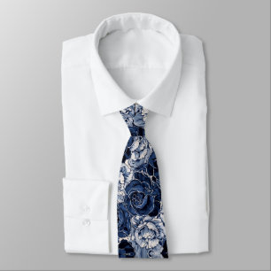Navy Blue White Cascading Peonies Wedding  Neck Tie