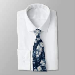 Navy Blue White Cascading Peonies Wedding Neck Tie
