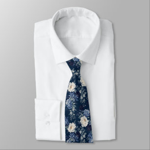 Navy Blue White Cascading Peonies Wedding Neck Tie