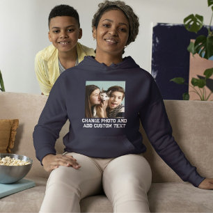 Navy Blue White Cat Mom Family Custom Pet Photo Hoodie