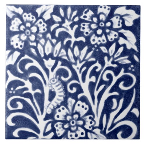 Navy Blue White Caterpillar on Flower Floral Delft Ceramic Tile