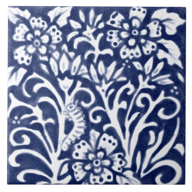 Navy Blue White Caterpillar on Flower Floral Delft Ceramic Tile (Front)