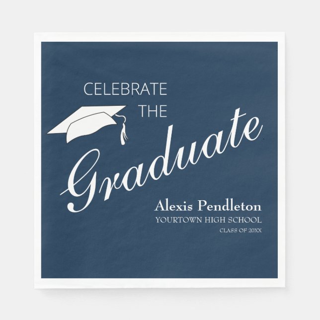 Navy Blue White Celebrate Graduate Graduation Napkins (Front)