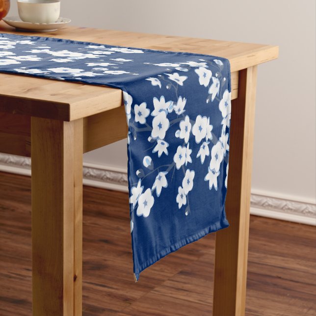 Navy Blue White Cherry Blossom  Short Table Runner (In Situ)