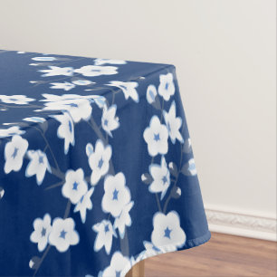 Navy Blue White Cherry Blossom  Tablecloth