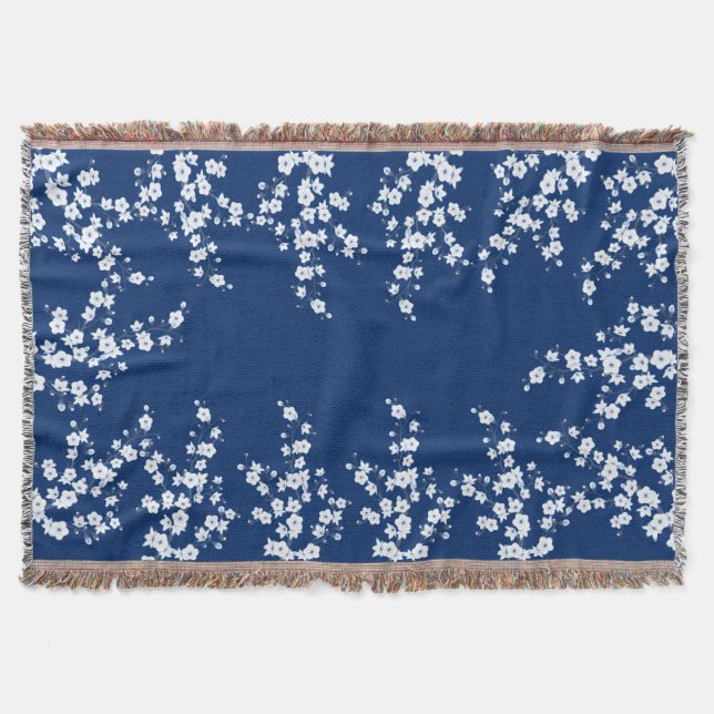 Navy Blue White Cherry Blossom  Throw Blanket (Front)