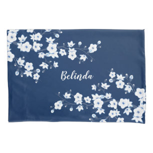 Navy Blue White Cherry Blossoms Monogram Pillow Case