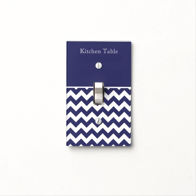 Navy Blue White Chevon your text Name Light Switch Cover (In Situ)