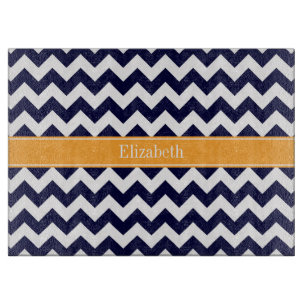 Navy Blue White Chevron Cantaloupe Name Monogram Cutting Board