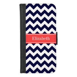 Navy Blue White Chevron Coral Red Name Monogram iPhone 8/7 Wallet Case