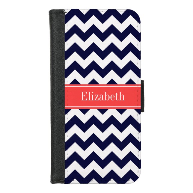 Navy Blue White Chevron Coral Red Name Monogram iPhone Wallet Case (Front)