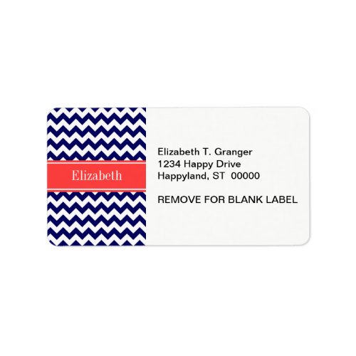 Navy Blue White Chevron Coral Red Name Monogram Label