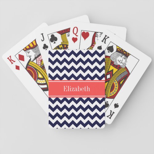 Navy Blue White Chevron Coral Red Name Monogram Poker Cards