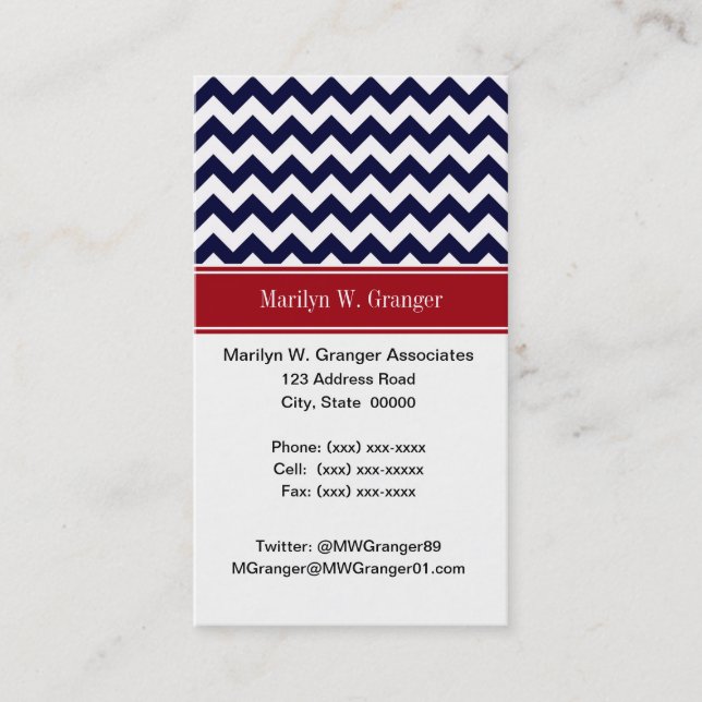 Navy Blue White Chevron Cranberry Name Monogram Business Card (Front)