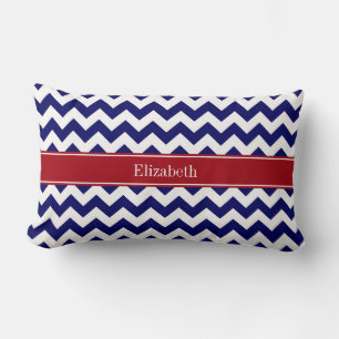 Navy Blue White Chevron Cranberry Name Monogram Lumbar Pillow