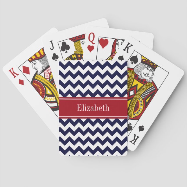 Navy Blue White Chevron Cranberry Name Monogram Poker Cards (Back)
