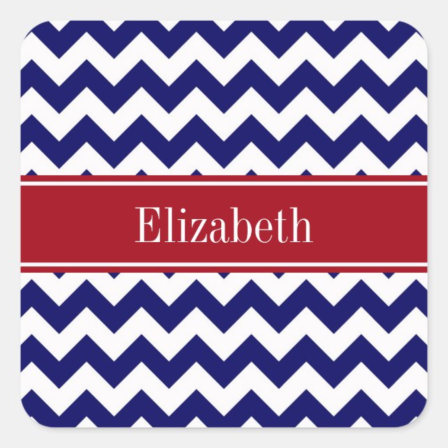 Navy Blue White Chevron Cranberry Name Monogram Square Sticker (Front)