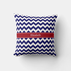 Navy Blue White Chevron Cranberry Name Monogram Throw Pillow