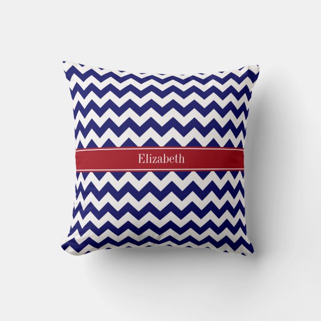 Navy Blue White Chevron Cranberry Name Monogram Throw Pillow (Front)