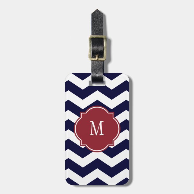 Navy Blue & White Chevron Monogram Lugguage Tag (Front Vertical)