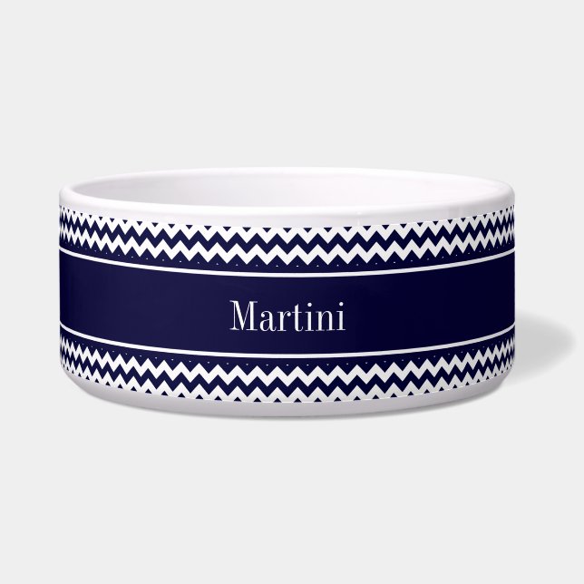 Navy Blue White Chevron Navy Name Monogram Bowl (Front)