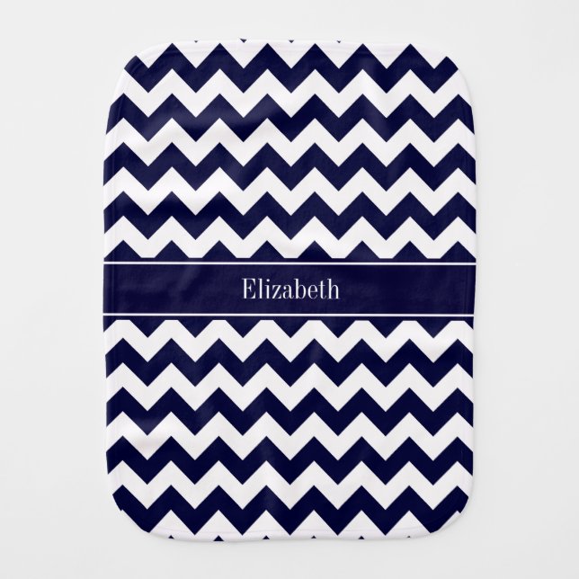 Navy Blue White Chevron Navy Name Monogram Burp Cloth (Front)