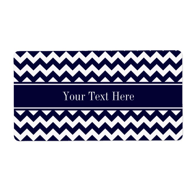 Navy Blue White Chevron Navy Name Monogram Label (Front)