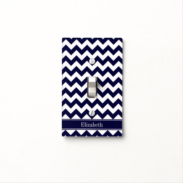 Navy Blue White Chevron Navy Name Monogram Light Switch Cover (In Situ)