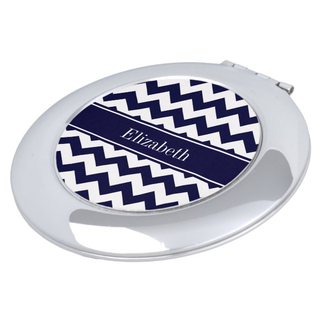 Navy Blue White Chevron Navy Name Monogram Makeup Mirror (Turned)