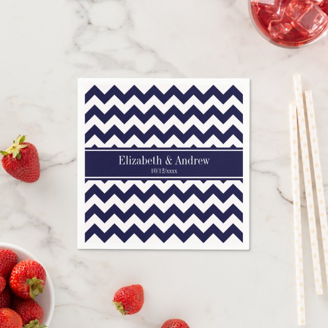 Navy Blue White Chevron Navy Name Monogram Paper Napkins (Insitu)