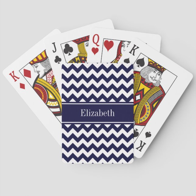 Navy Blue White Chevron Navy Name Monogram Poker Cards (Back)