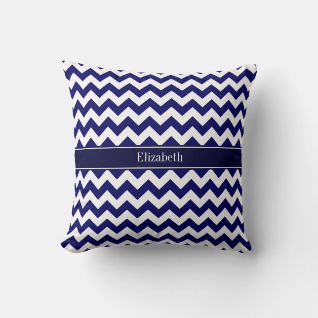 Navy Blue White Chevron Navy Name Monogram Throw Pillow (Front)