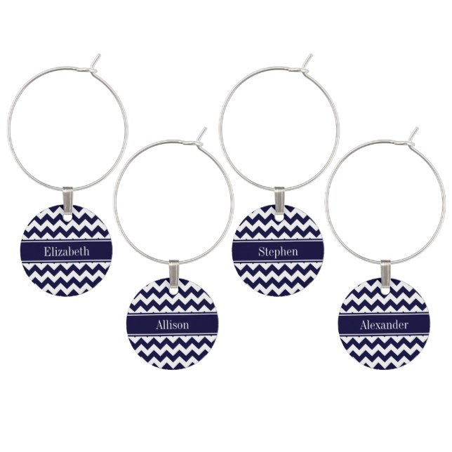Navy Blue White Chevron Navy Name Monogram Wine Charm (Staggered)