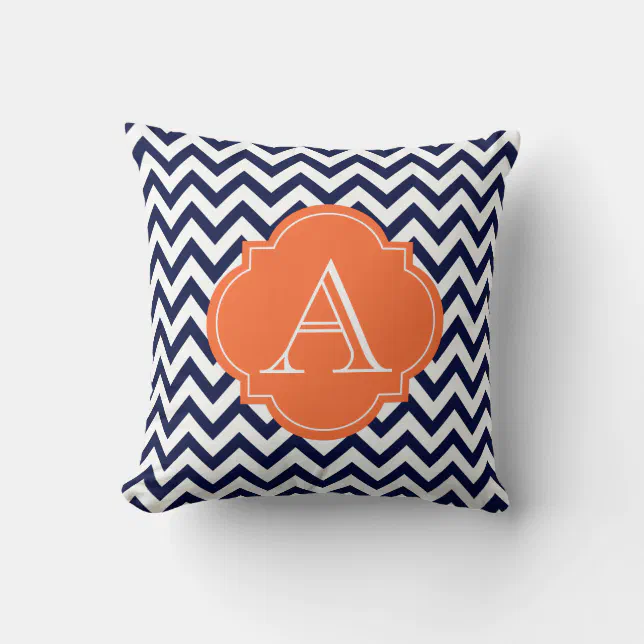 Navy Blue & White Chevron Orange Monogram Pillow | Zazzle