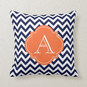 Navy Blue & White Chevron Orange Monogram Pillow