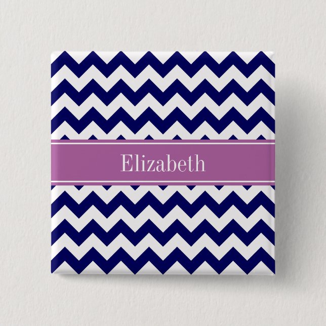 Navy Blue White Chevron Orchid Name Monogram Button (Front)